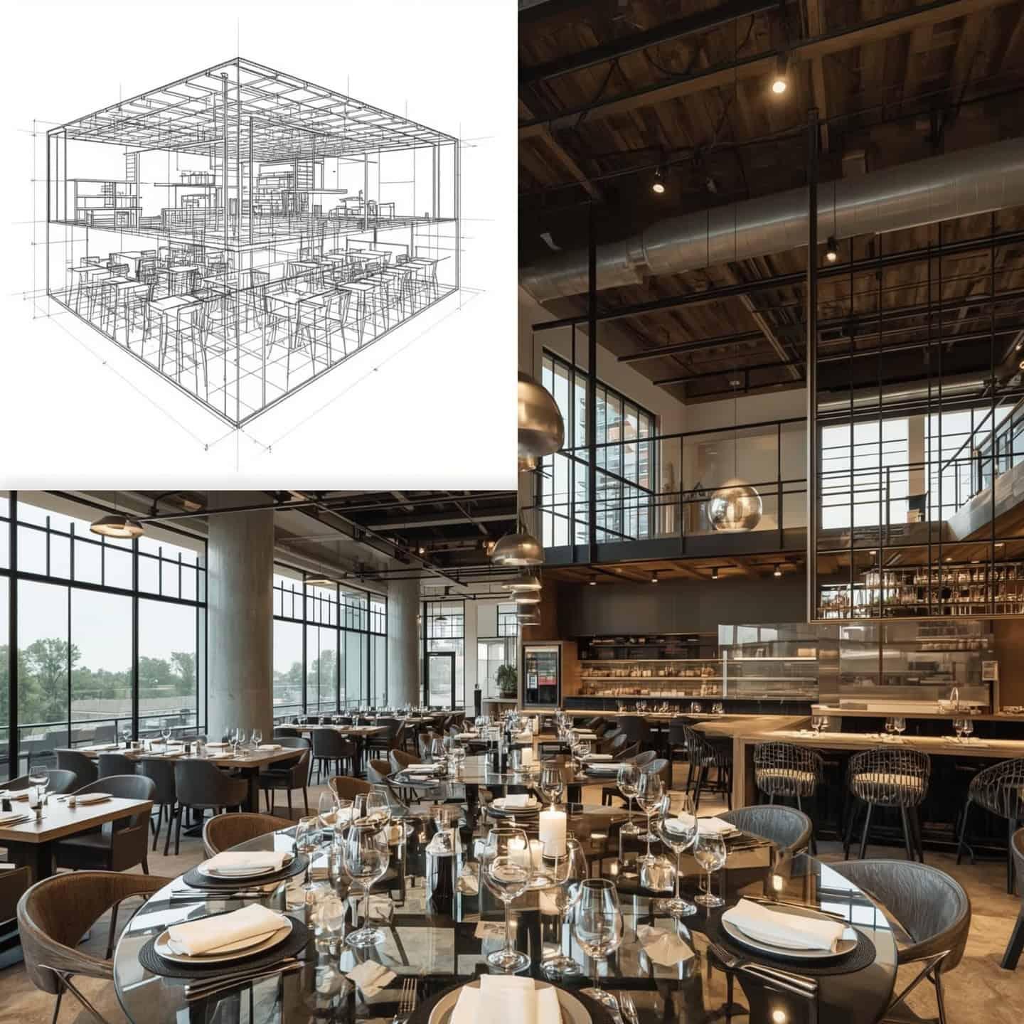 Restaurant construction collage showing architectural drawings and finished dining interiors