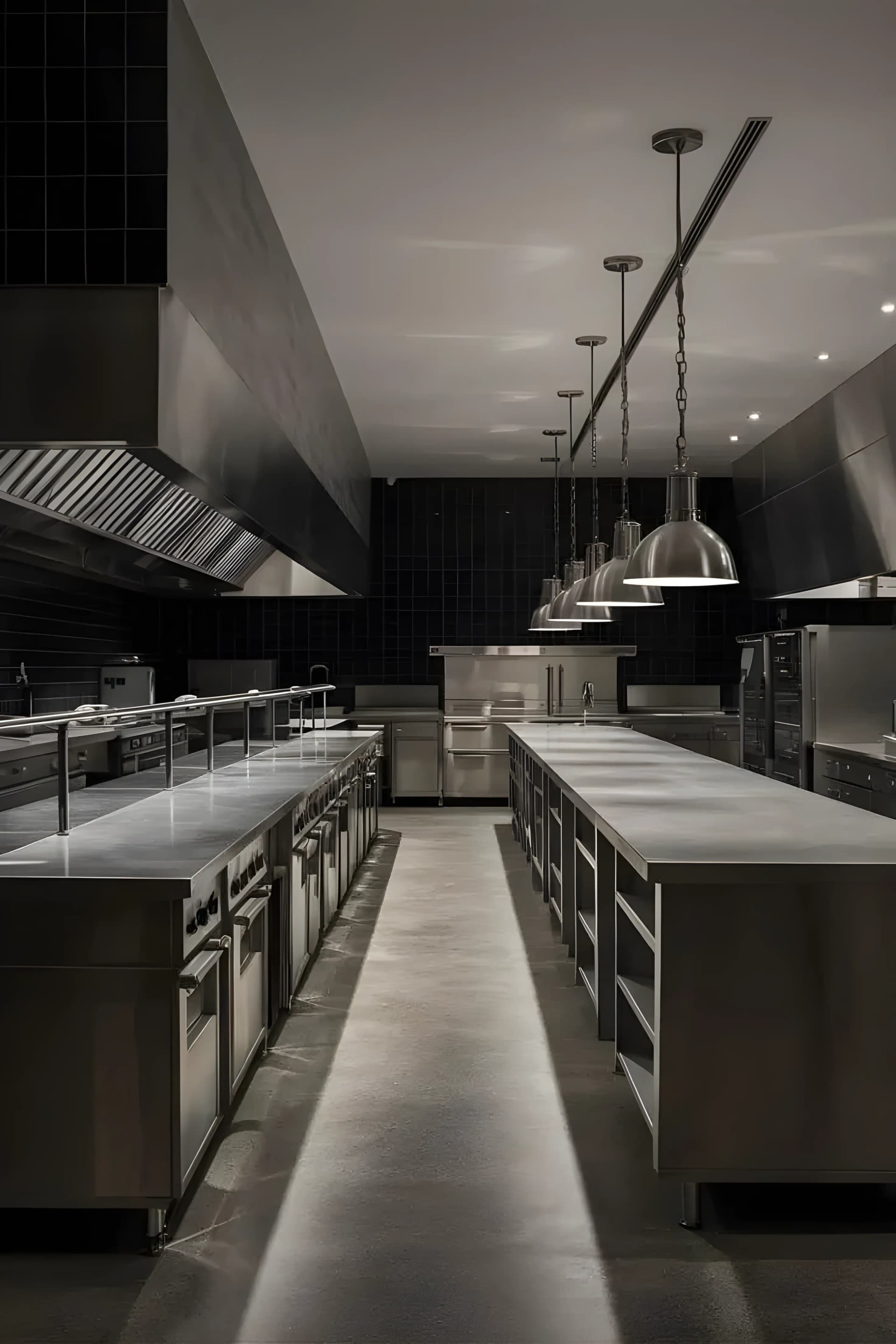 Modern commercial kitchen with stainless steel equipment