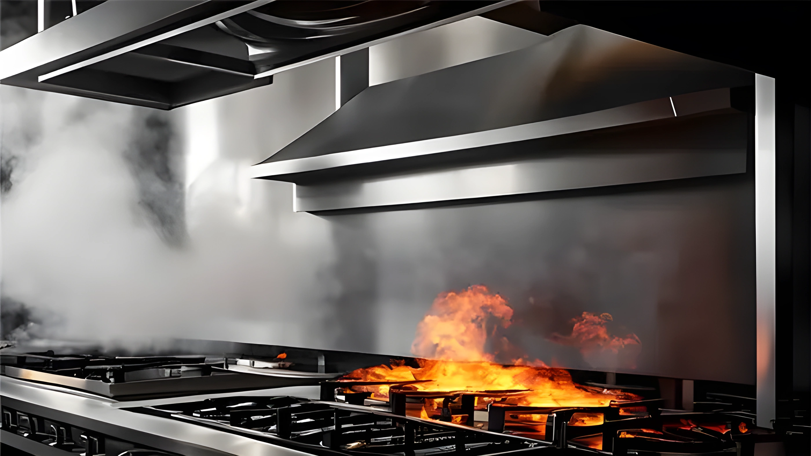 Commercial kitchen exhaust hood with flames on a professional stove
