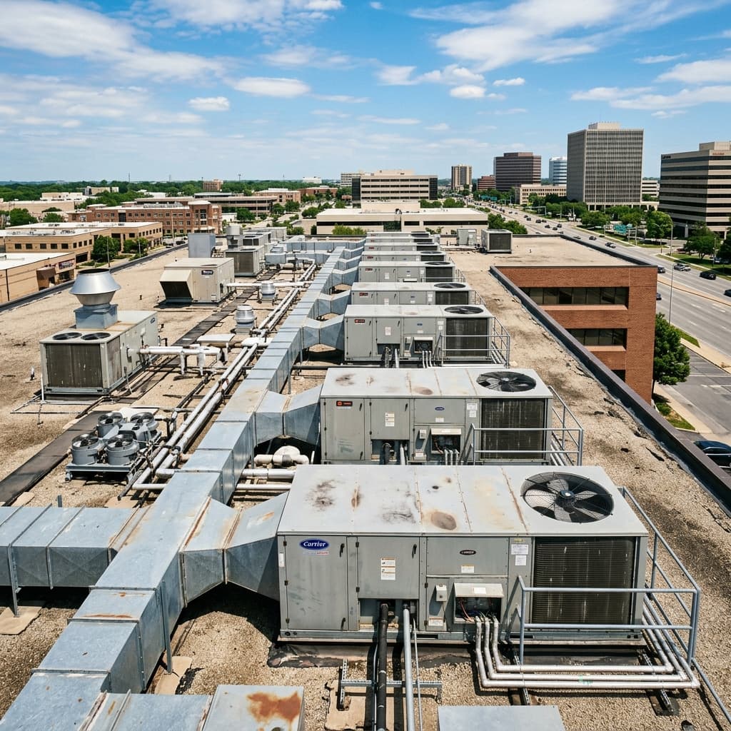 Commercial HVAC rooftop units on a restaurant building