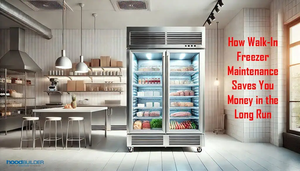 Commercial kitchen with stainless steel sink, dining area, and glass-door freezer